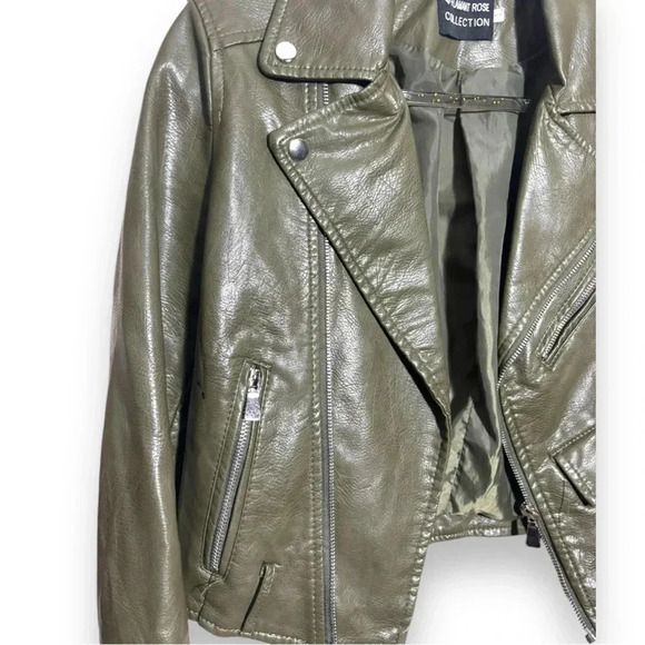 Flamant Rose Olive Green Cropped Silver Hardware Details Faux Leather Jacket - Picture 9 of 16